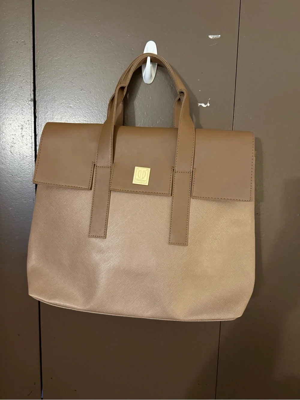 Structured Taupe Tote with Gold Logo Plaque